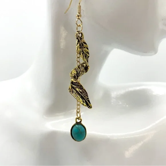 Boho Chic Festival Gold tone & Faux Turquoise dangle earrings - Picture 2 of 6